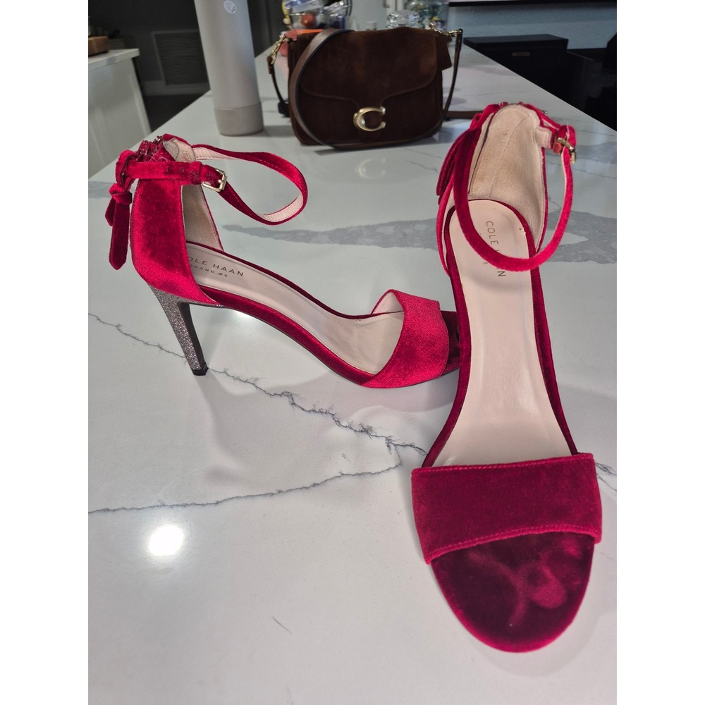 Cole Haan Red Velvet Glitter Heel Bow Sandals Grand.OS Ankle Strap Evening Shoes